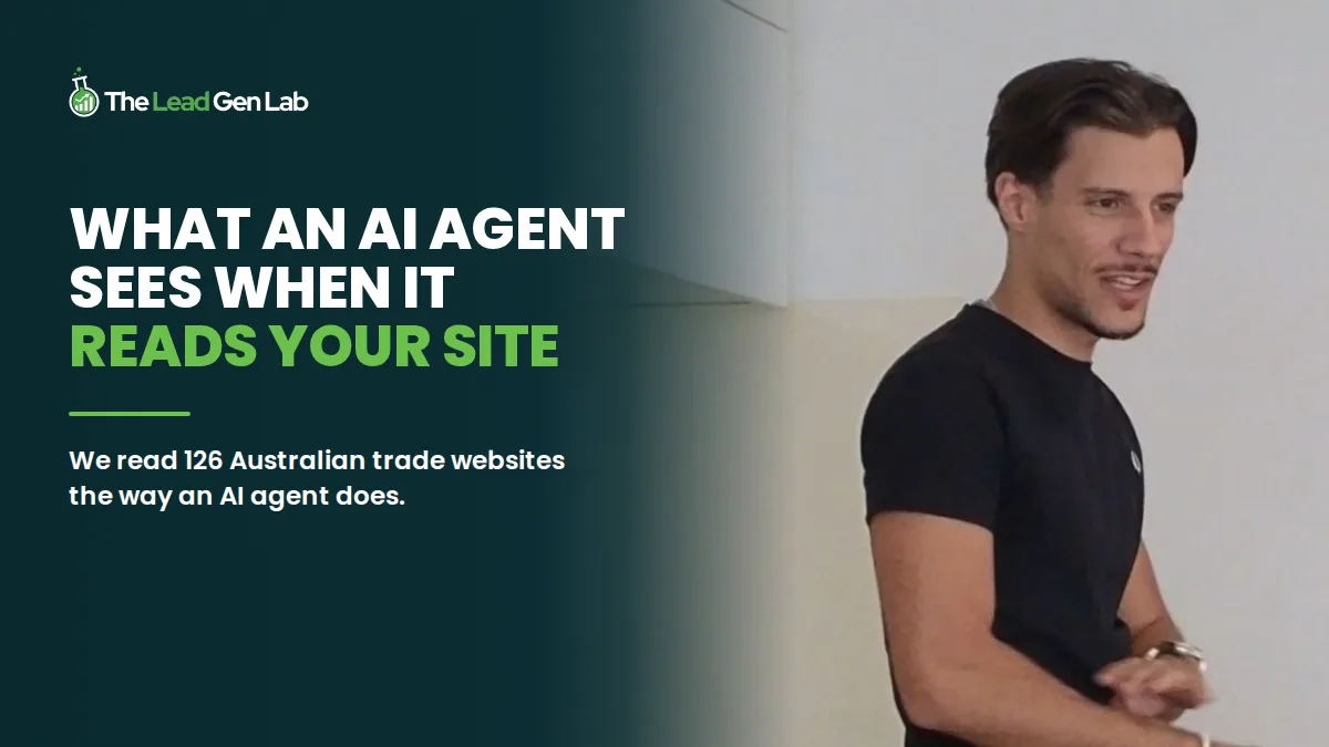 The Lead Gen Lab article cover: What An AI Agent Sees When It Reads Your Site. Miguel Diamond mid-talk at a training session.