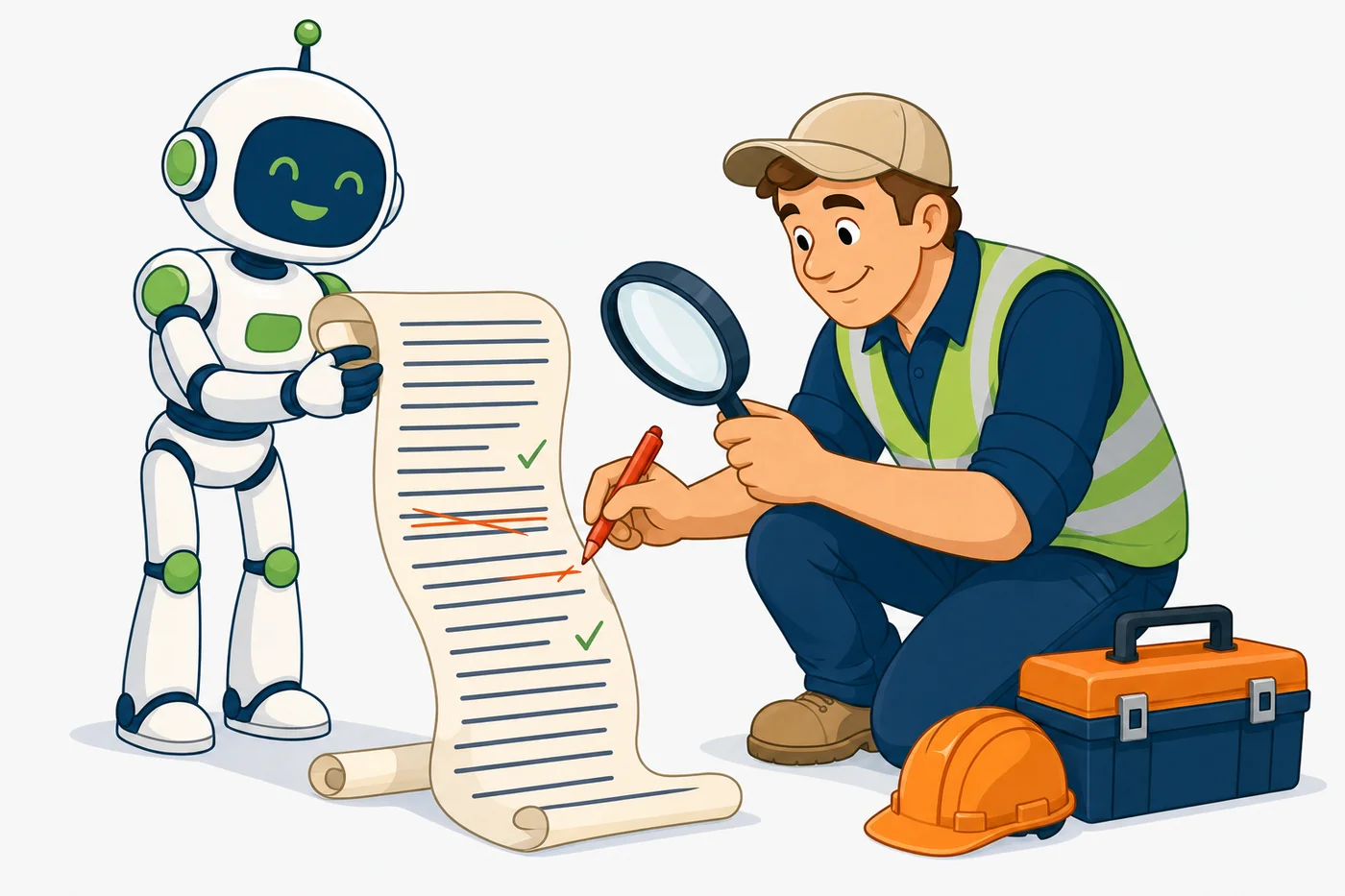 Cartoon robot handing a long draft to a tradesperson in a hi-vis vest, who checks it with a magnifying glass and a red pen, ticking some lines and crossing out others.