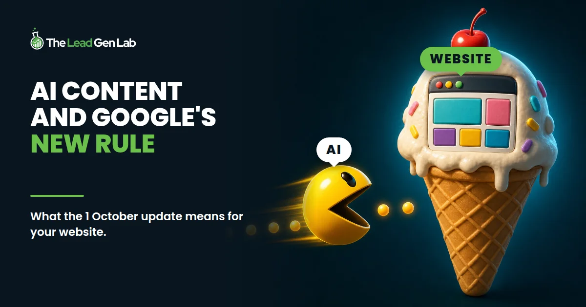 The Lead Gen Lab article cover: AI-generated content and SEO, with a Pac-Man labelled AI chasing an ice cream cone labelled website.