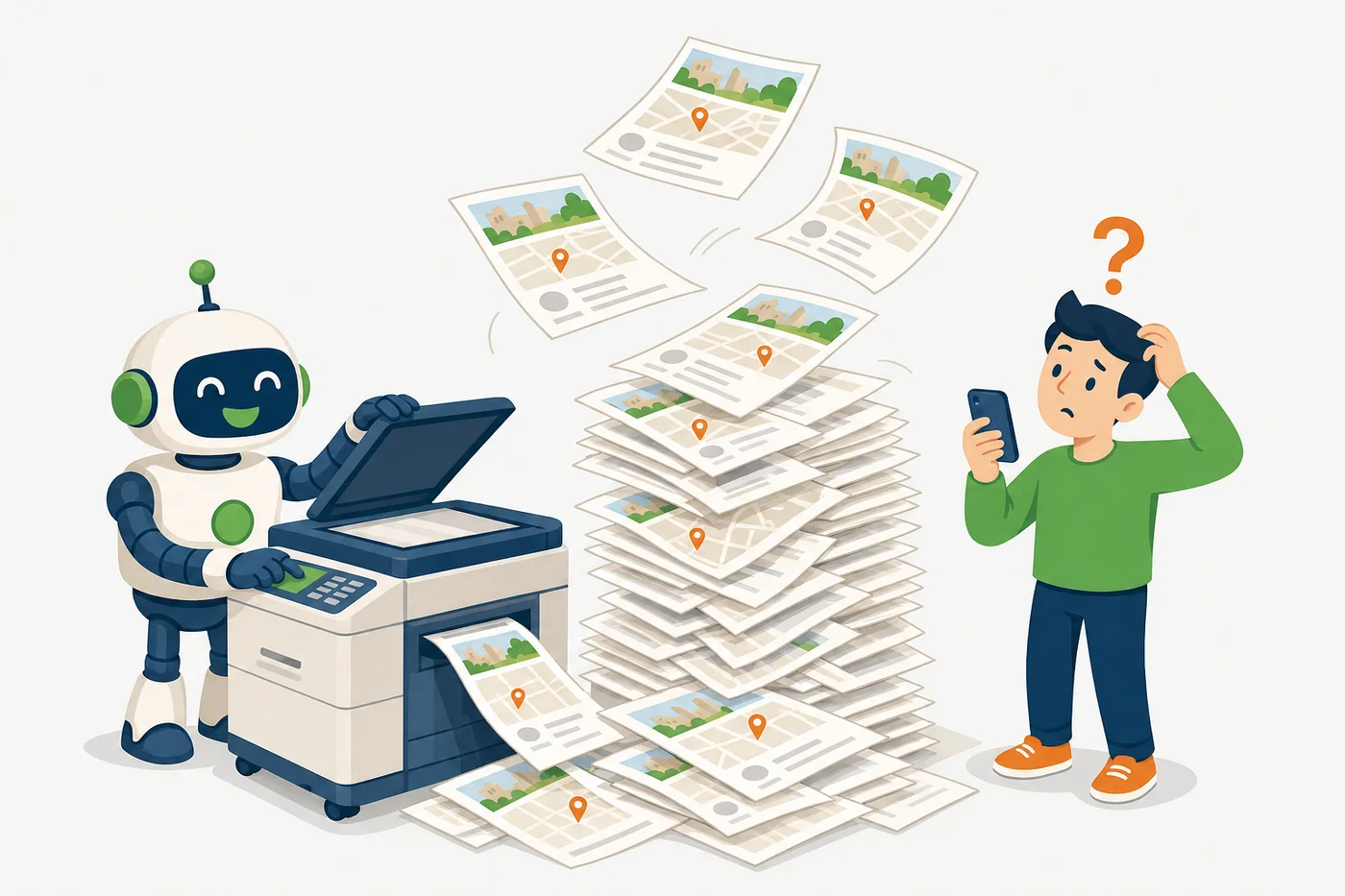 Cartoon robot running a photocopier that churns out a tall pile of identical suburb web pages, each with the map pin in a slightly different spot, while a puzzled customer looks on.