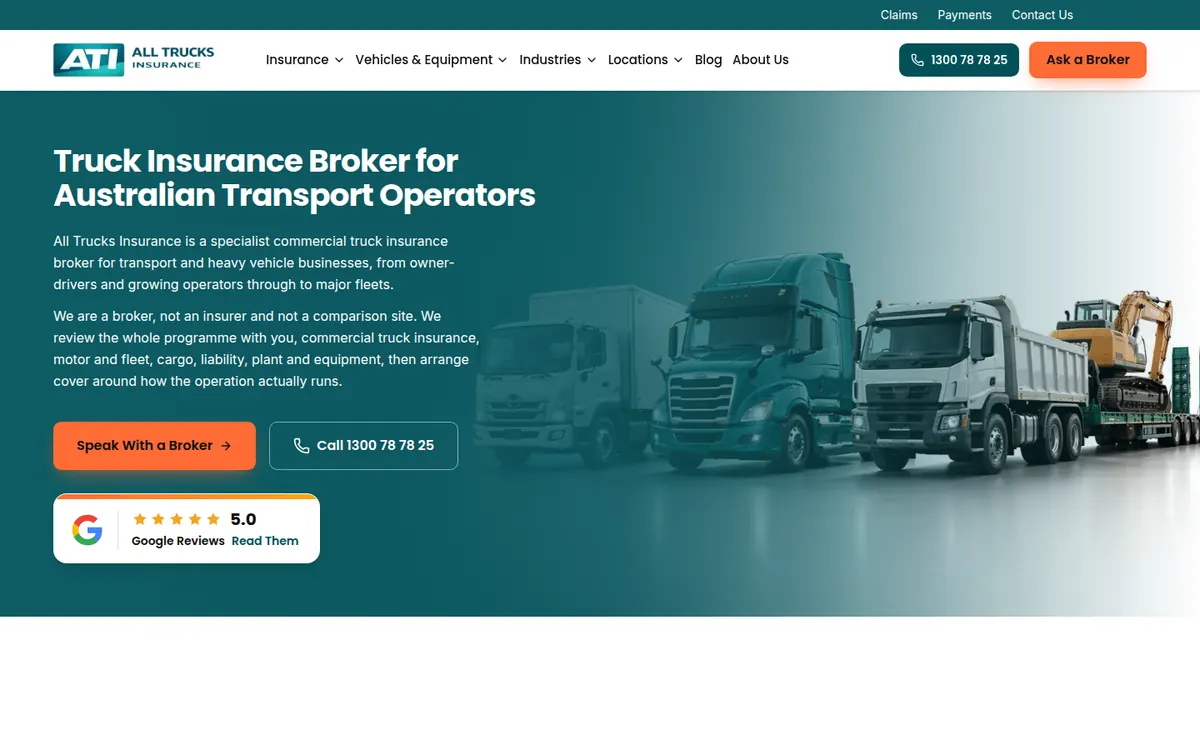The All Trucks Insurance homepage, a website The Lead Gen Lab built on a new domain.