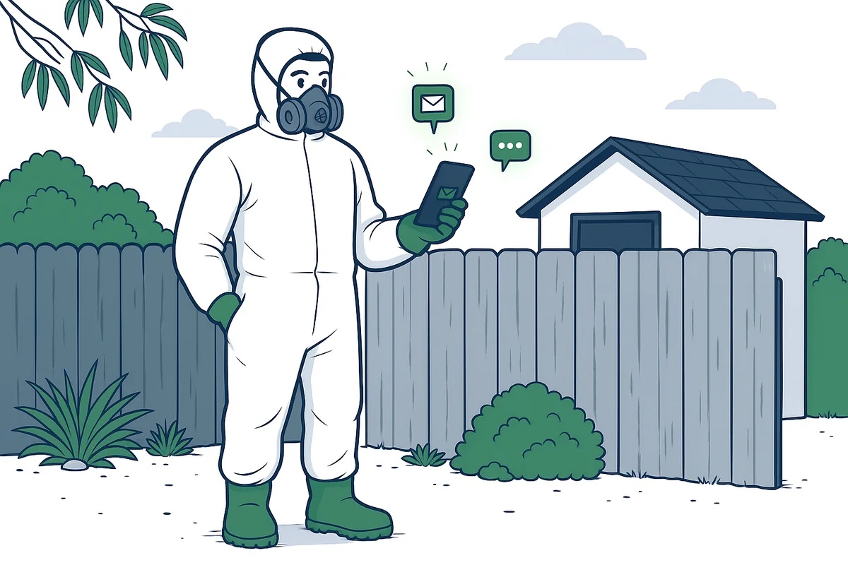 Illustration of a licensed asbestos removalist receiving an exclusive enquiry on his phone beside an old fibre cement fence