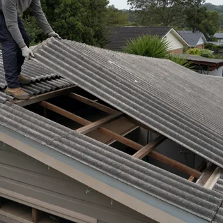 Old corrugated grey fibre cement shed roof being lifted off the battens
