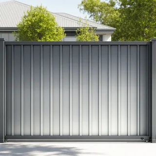 Automated sliding driveway gate in dark aluminium slats