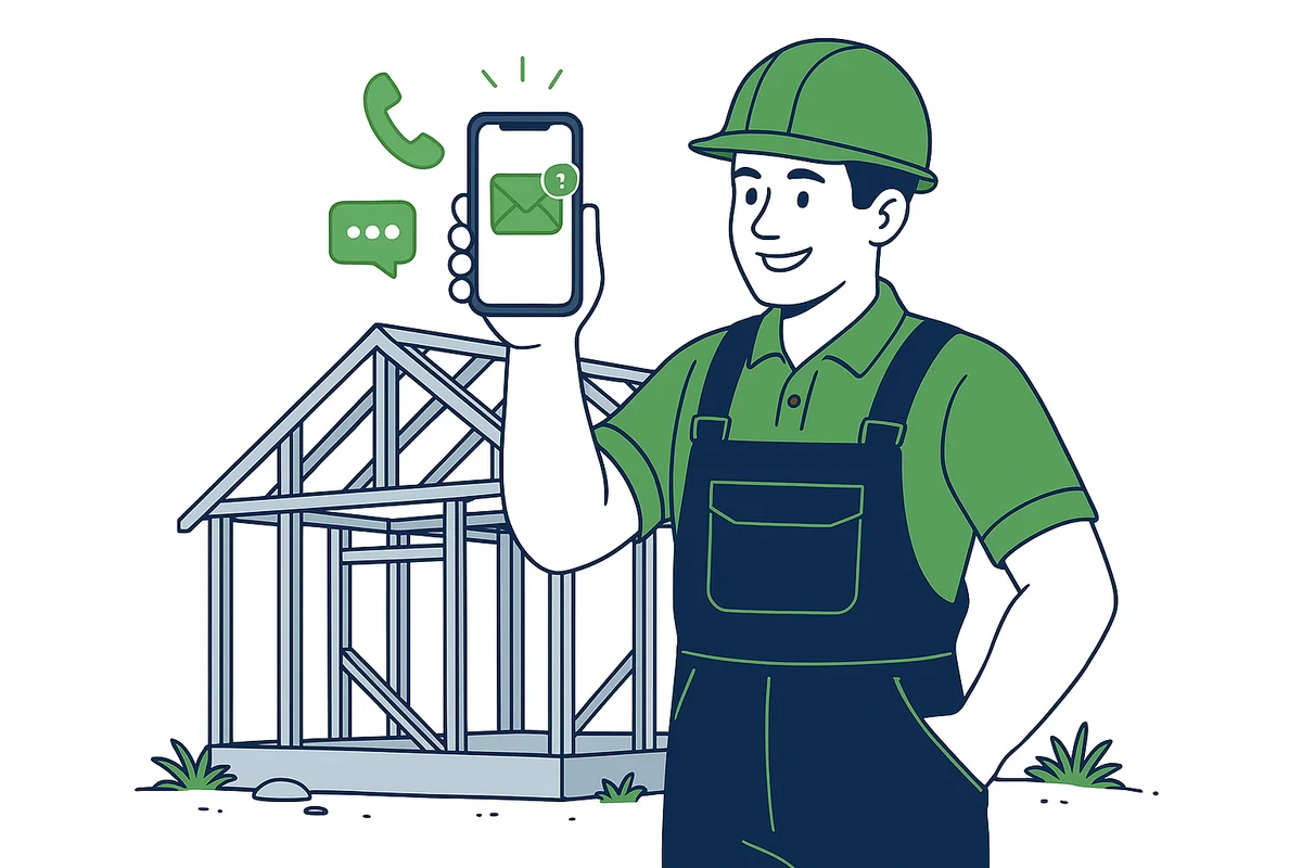Illustration of a builder receiving an exclusive building lead on his phone beside a home extension under construction