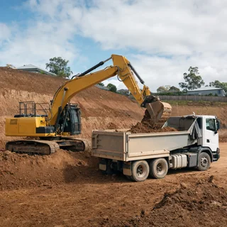 Large excavator loading soil into a tipper truck during a bulk excavation