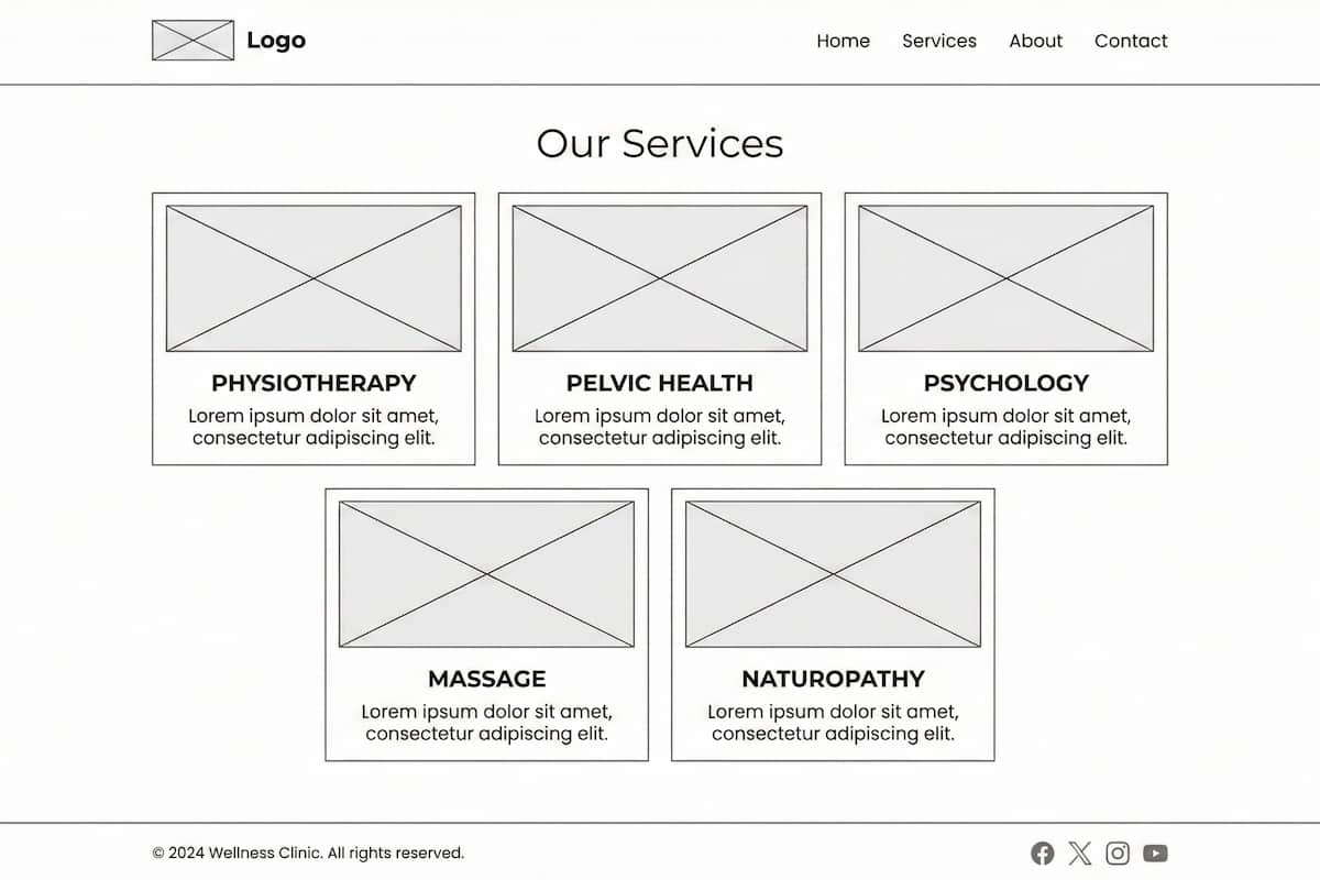 Example of a clinic website services page structure with multiple service categories.