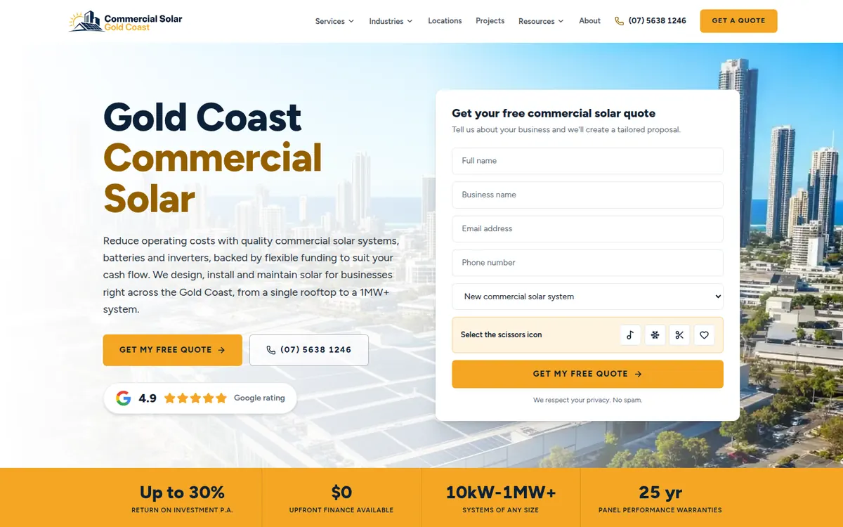 The Commercial Solar Gold Coast homepage, a website The Lead Gen Lab built on a new domain.