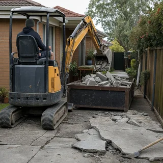 Concrete driveway being broken up by an excavator with a hydraulic hammer
