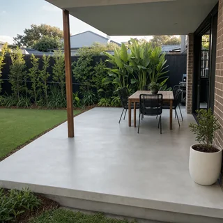Finished concrete alfresco patio slab beside a modern home