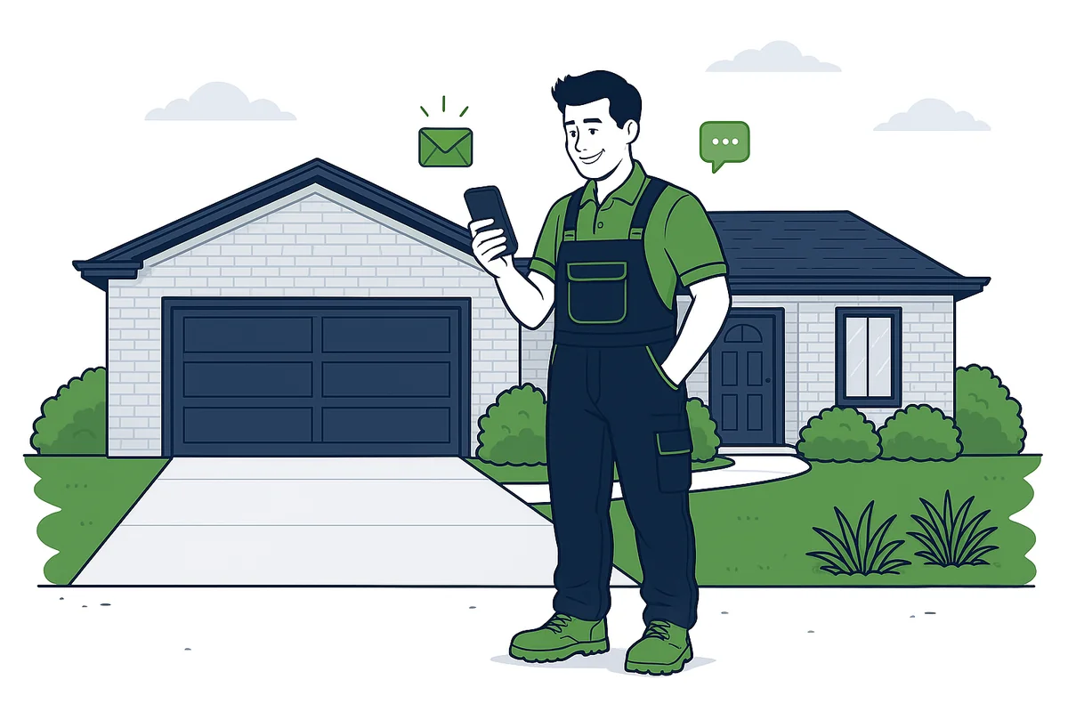 Illustration of a concreter receiving an exclusive concreting lead on his phone beside a finished driveway