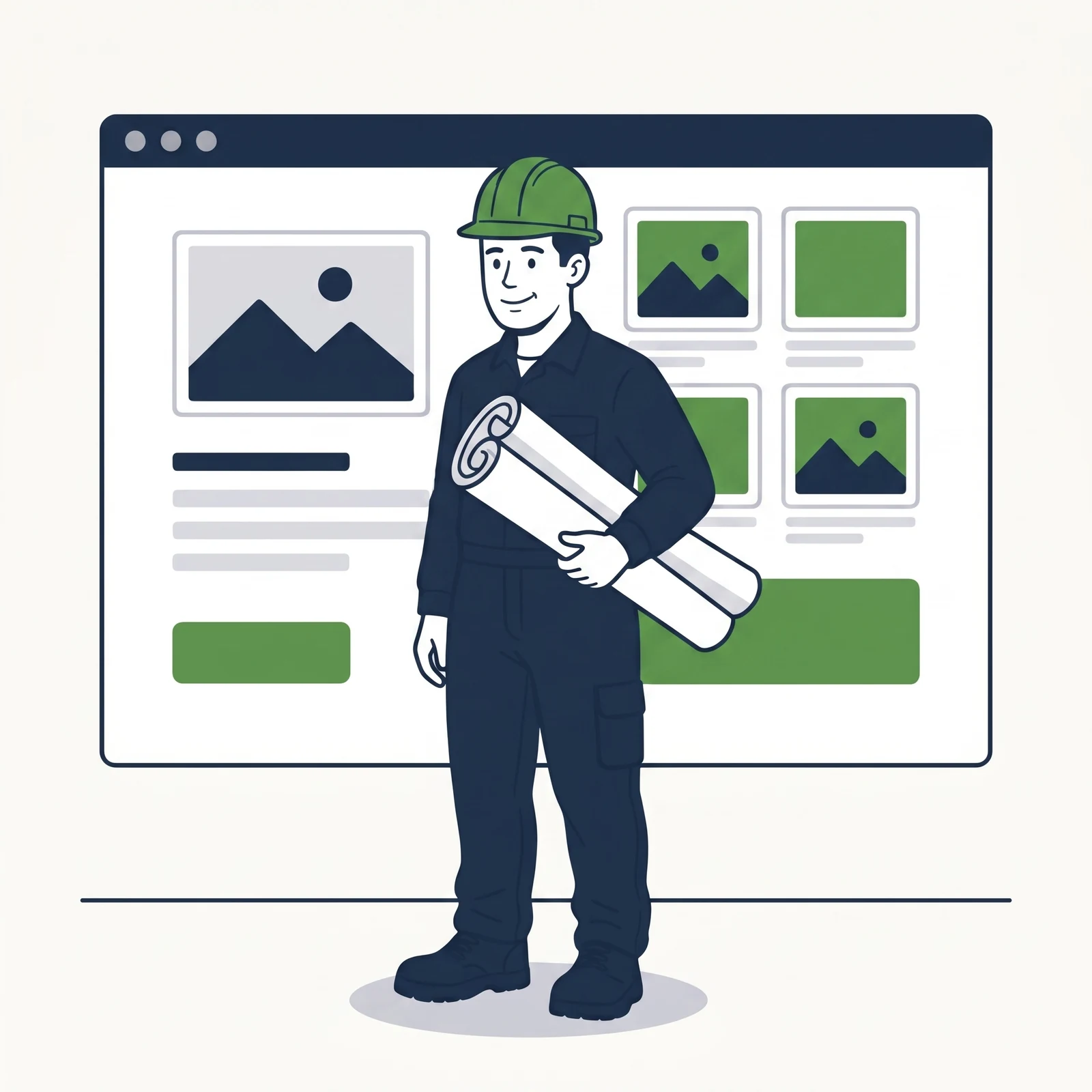 Flat illustration of a construction professional in a hard hat holding rolled plans beside a browser window showing a construction company website.