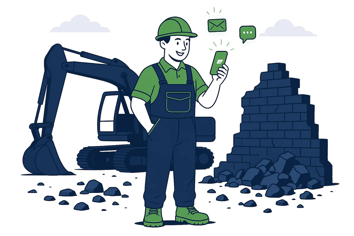 Illustration of a demolition contractor receiving an exclusive demolition lead on his phone beside an excavator on a cleared site