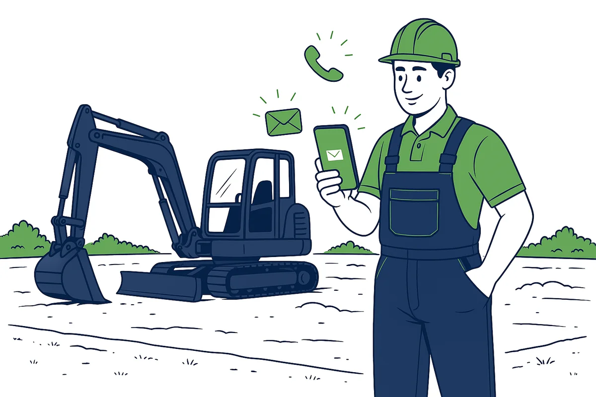Illustration of an earthworks contractor receiving an exclusive excavation lead on his phone beside an excavator cutting a site pad