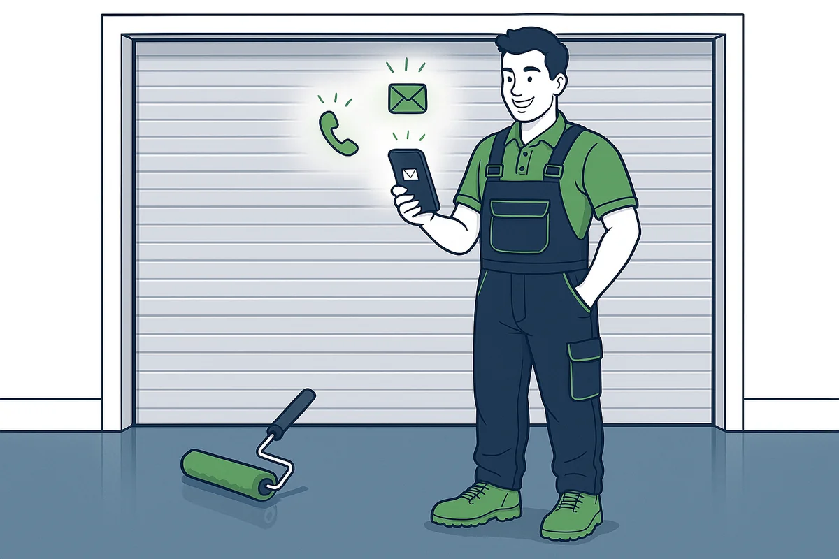 Illustration of an epoxy flooring contractor receiving an exclusive lead on his phone beside a freshly coated garage floor