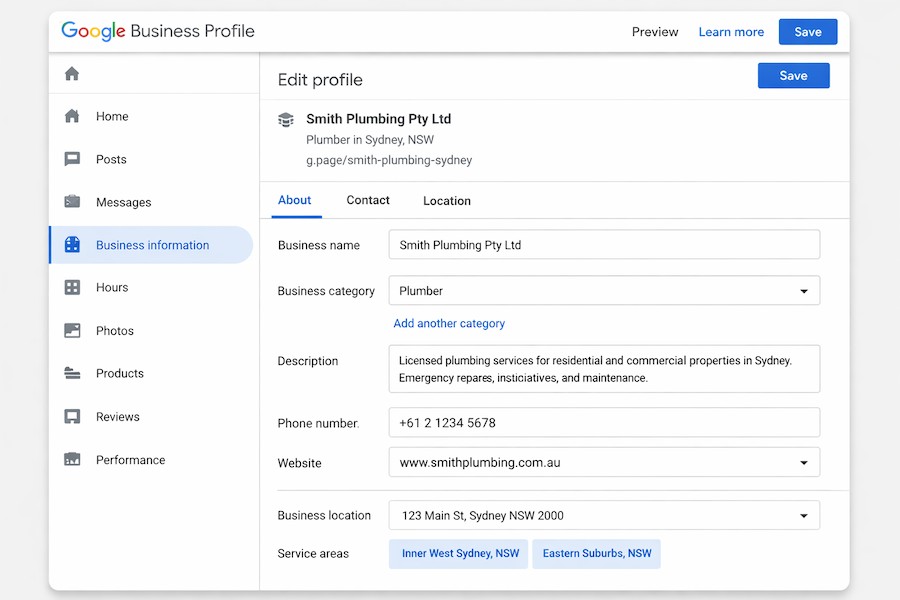 Google Business Profile dashboard showing business information settings