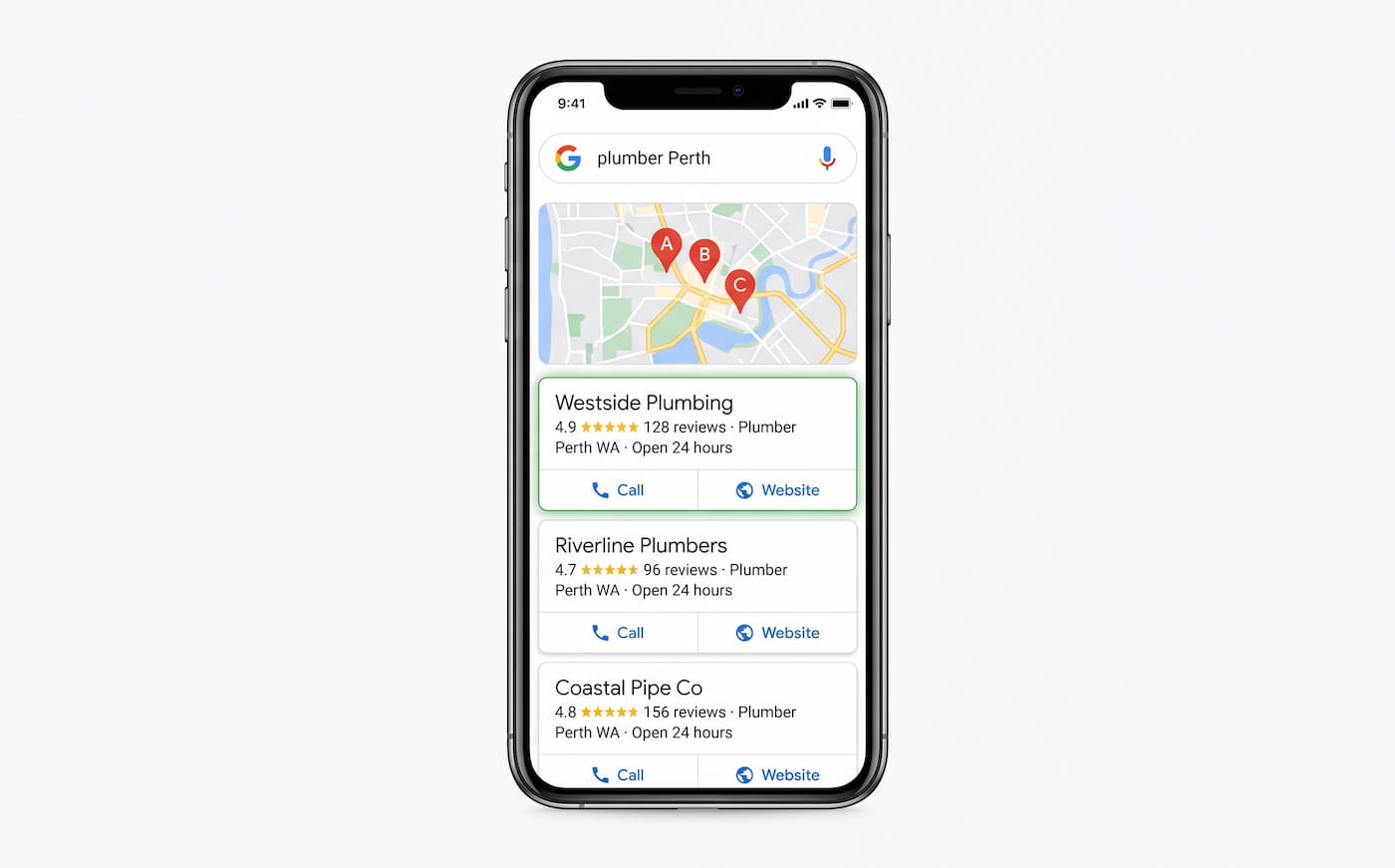 Google Business Profile local pack search results for plumber Perth showing top 3 listings.
