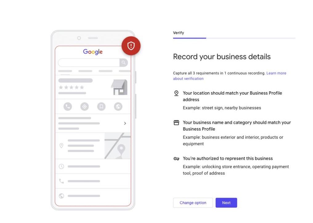Google Business Profile verification screen showing location, business name, and authority checks for google business profile optimisation