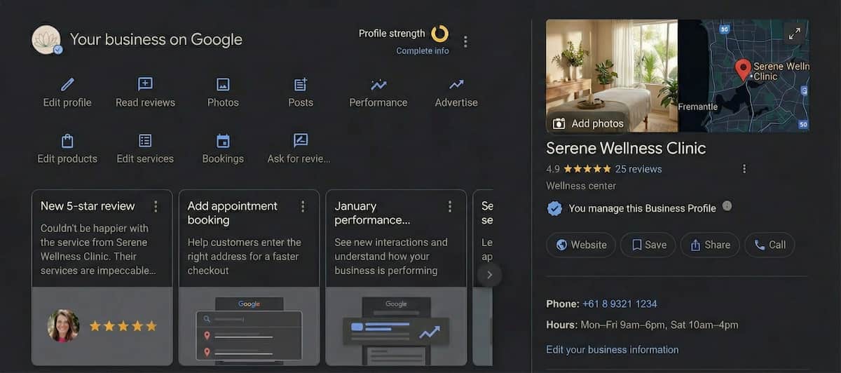 Google Business Profile dashboard showing reviews, posts and business details for a wellness clinic.