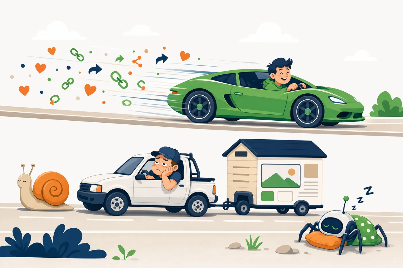 Cartoon of a green sports car racing down the fast lane trailing links, shares and hearts, while a new tradie's ute towing a little website sits stuck behind a snail and Google's crawler naps on the roadside.