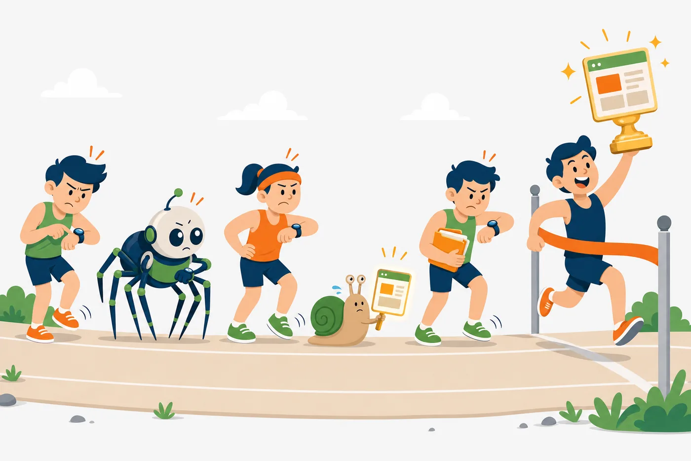 Cartoon relay race where Google's discovery, crawling and indexing runners wait impatiently while a snail holds the web page baton, before the last runner lifts a search results trophy at the finish.