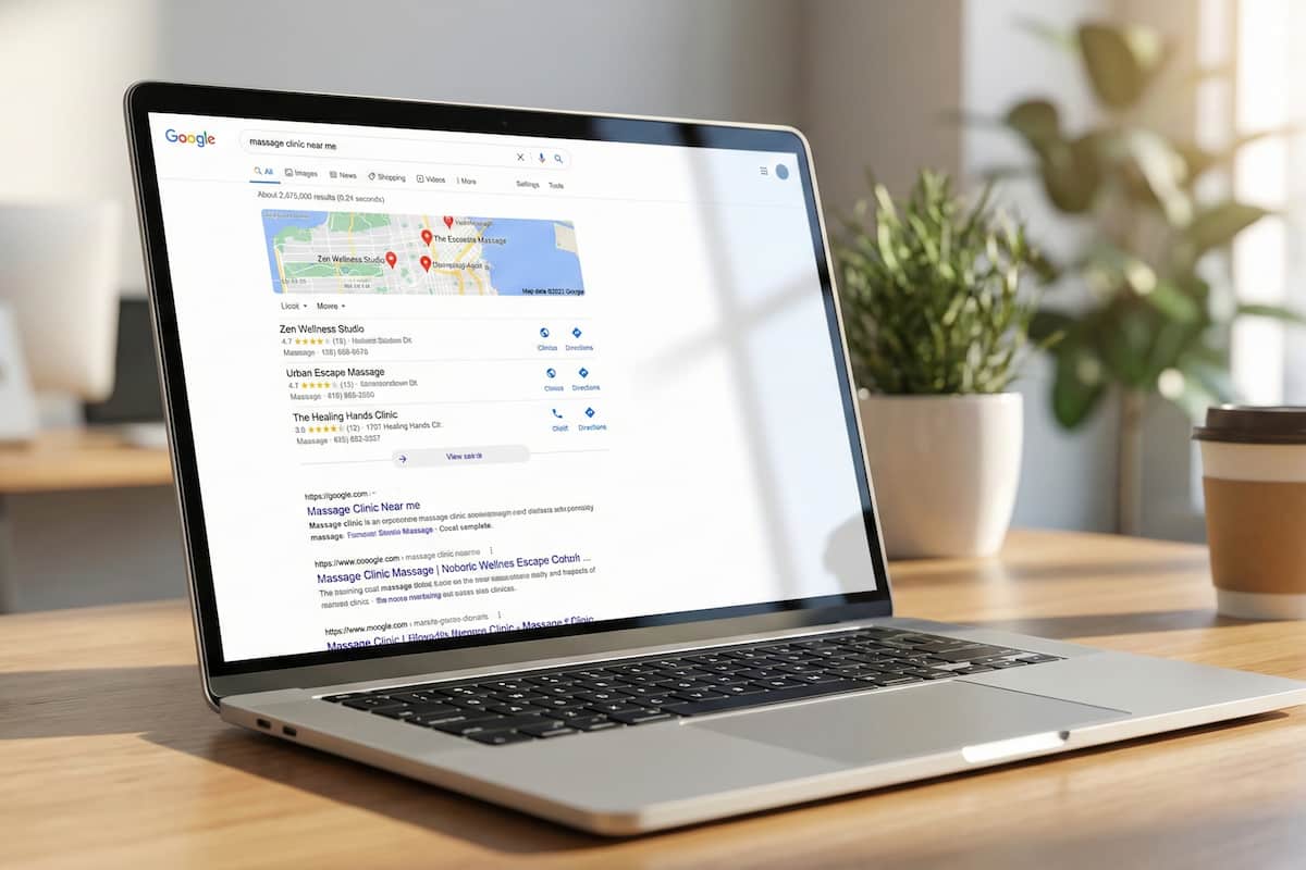 Google map pack showing local massage clinic search results on a laptop.
