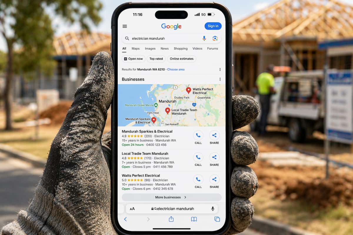 Close-up of a gloved hand holding a smartphone showing Google Maps electrician search results in Mandurah, with a blurred construction site in the background.