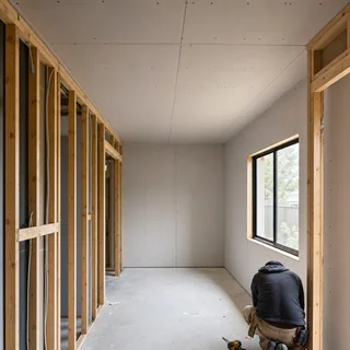 Newly installed plasterboard sheets on the walls of an unfinished room
