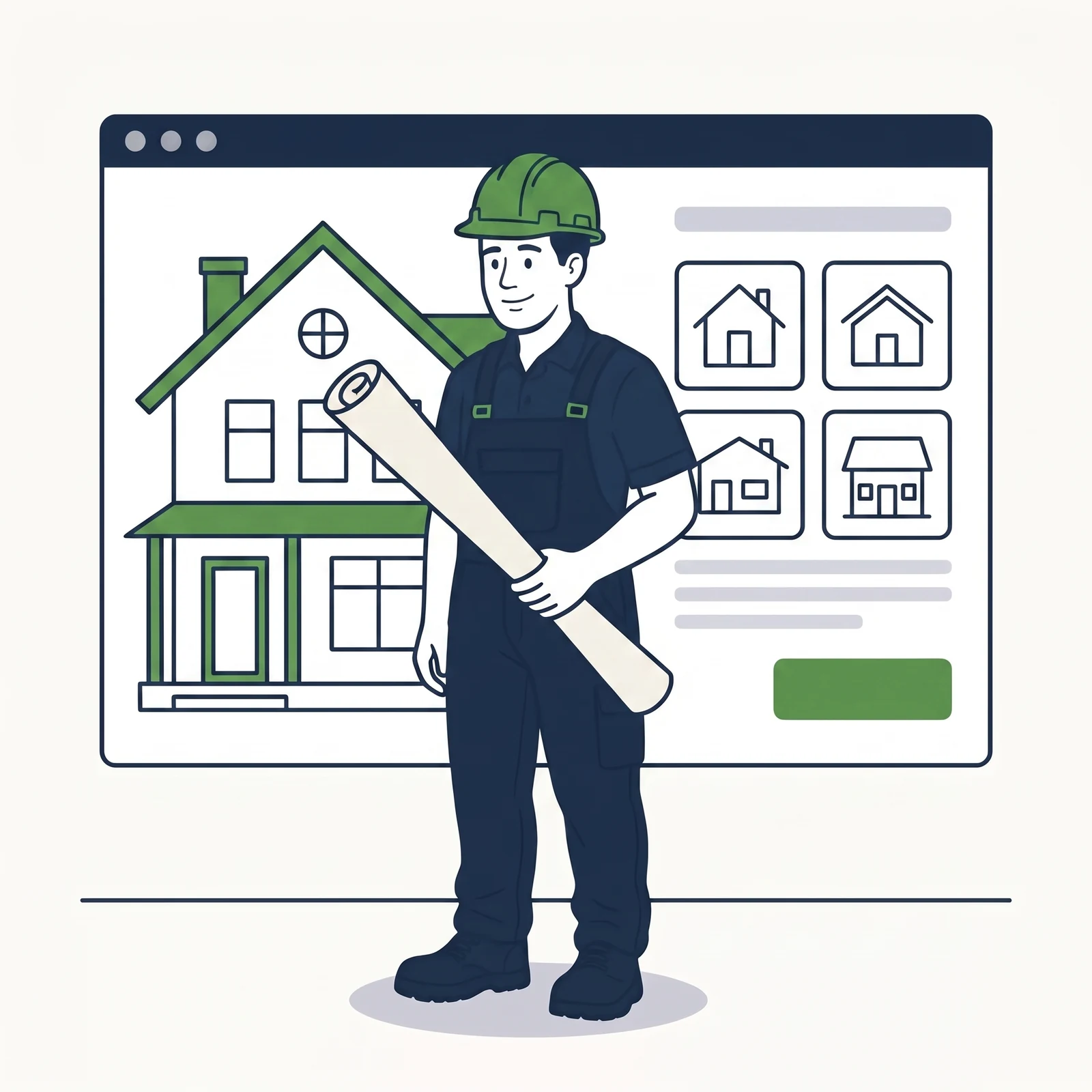 Flat illustration of a builder in a hard hat holding a floor plan beside a browser window showing a home builder website with home design tiles.