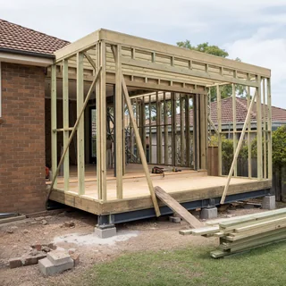 Two storey rear extension under construction on an existing brick home