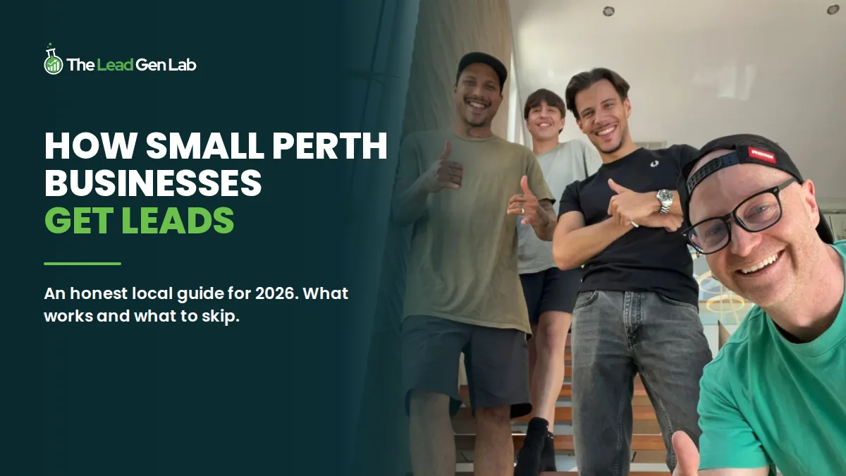 How small Perth businesses get leads: Levi Saunders and The Lead Gen Lab team giving a thumbs up on the office stairs.