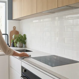 Subway tile kitchen splashback installed above a benchtop and cooktop