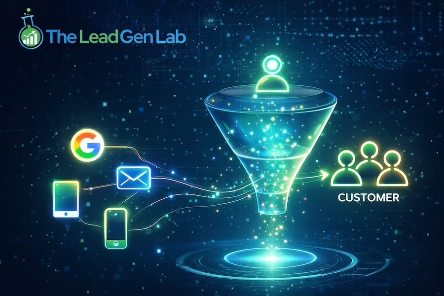 Lead generation funnel showing how prospects convert into paying customers.