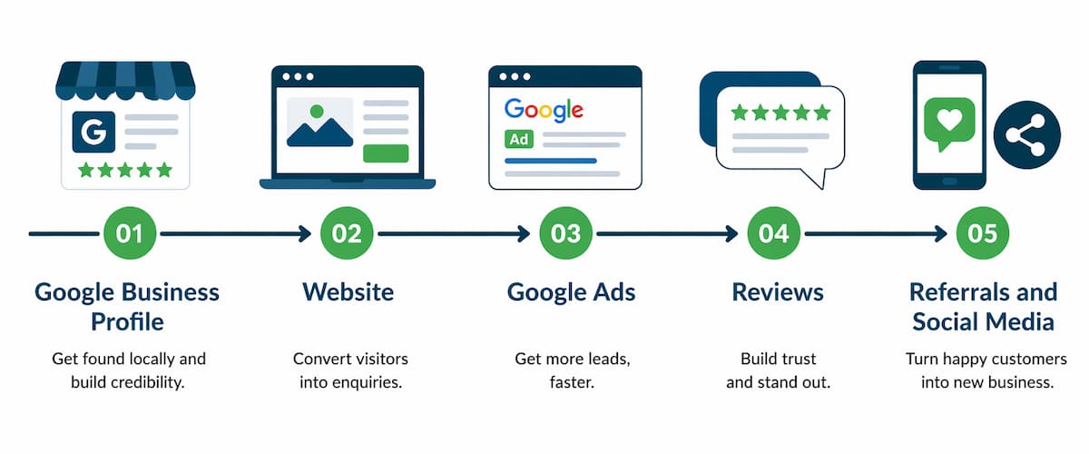 Horizontal roadmap infographic showing five steps: Google Business Profile, website, Google Ads, reviews, and referrals and social media, connected by arrows in a clean modern design.