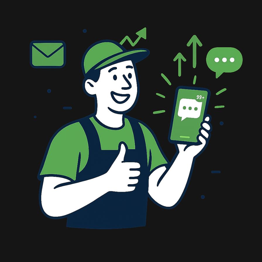 Smiling tradie holding a phone showing new lead notifications from The Lead Gen Lab