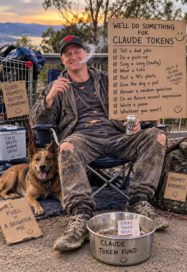 A joke image made with AI: Levi Saunders sitting roadside with a dog and a cardboard sign offering to do dad jokes, push-ups and Aussie accent impressions in exchange for AI credits, beside a dog bowl labelled the token fund.