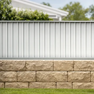 Limestone block retaining wall with a fence line running above it