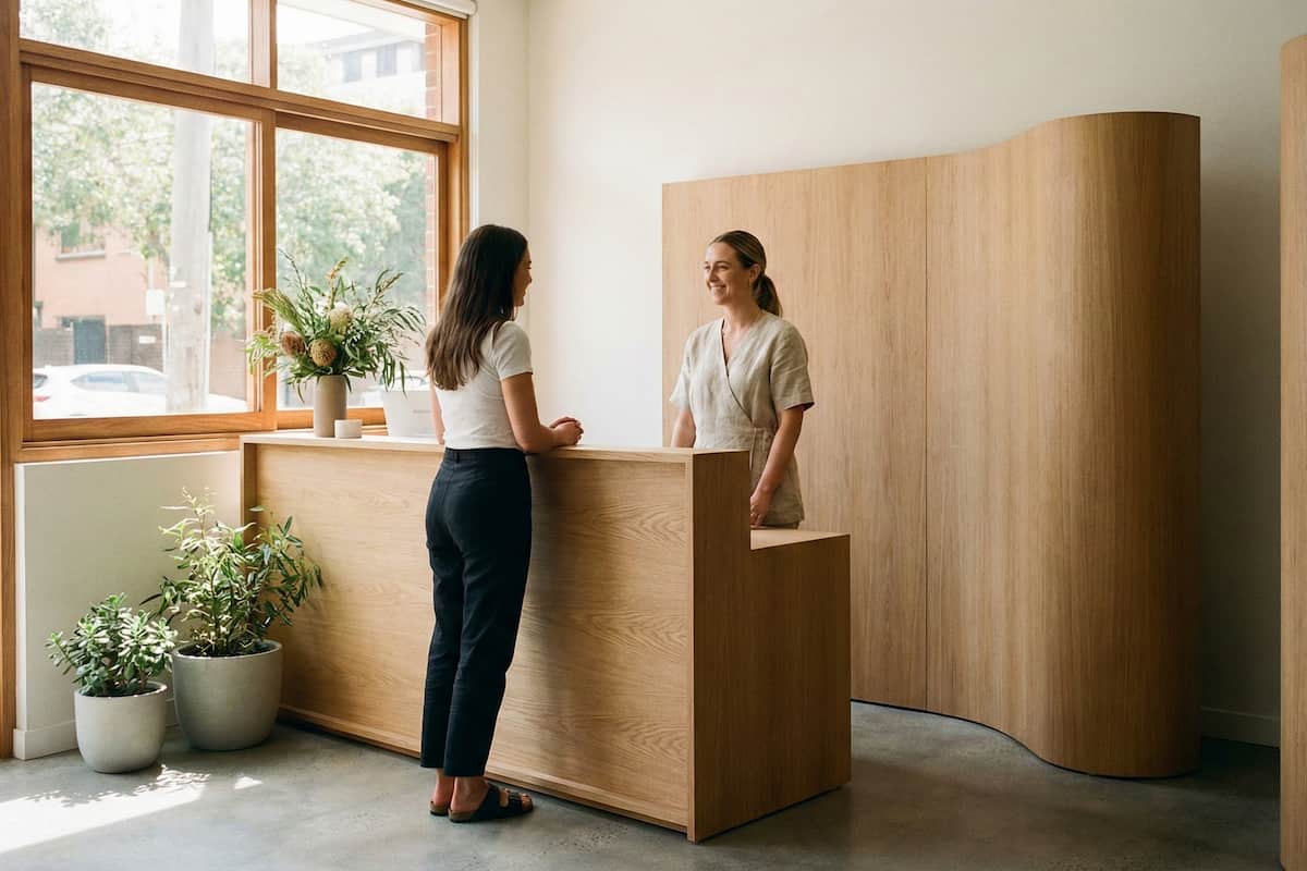 Patient speaking with a receptionist at a modern healthcare clinic reception.