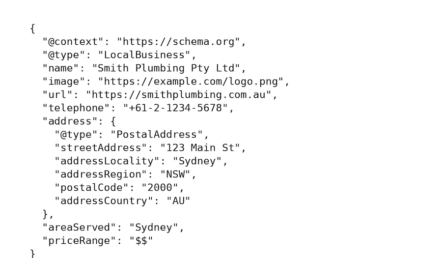 Example of LocalBusiness schema markup in JSON-LD format