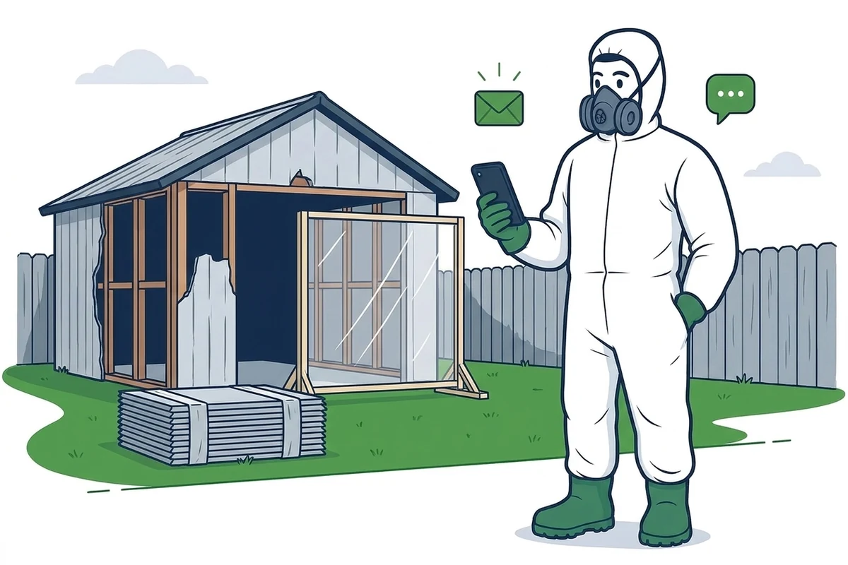 Illustration of an asbestos removal worker in a white hooded coverall and respirator holding a phone with new enquiry and message notifications beside him, standing in front of an old fibro garage with a wall section removed and wrapped sheeting stacked on the ground