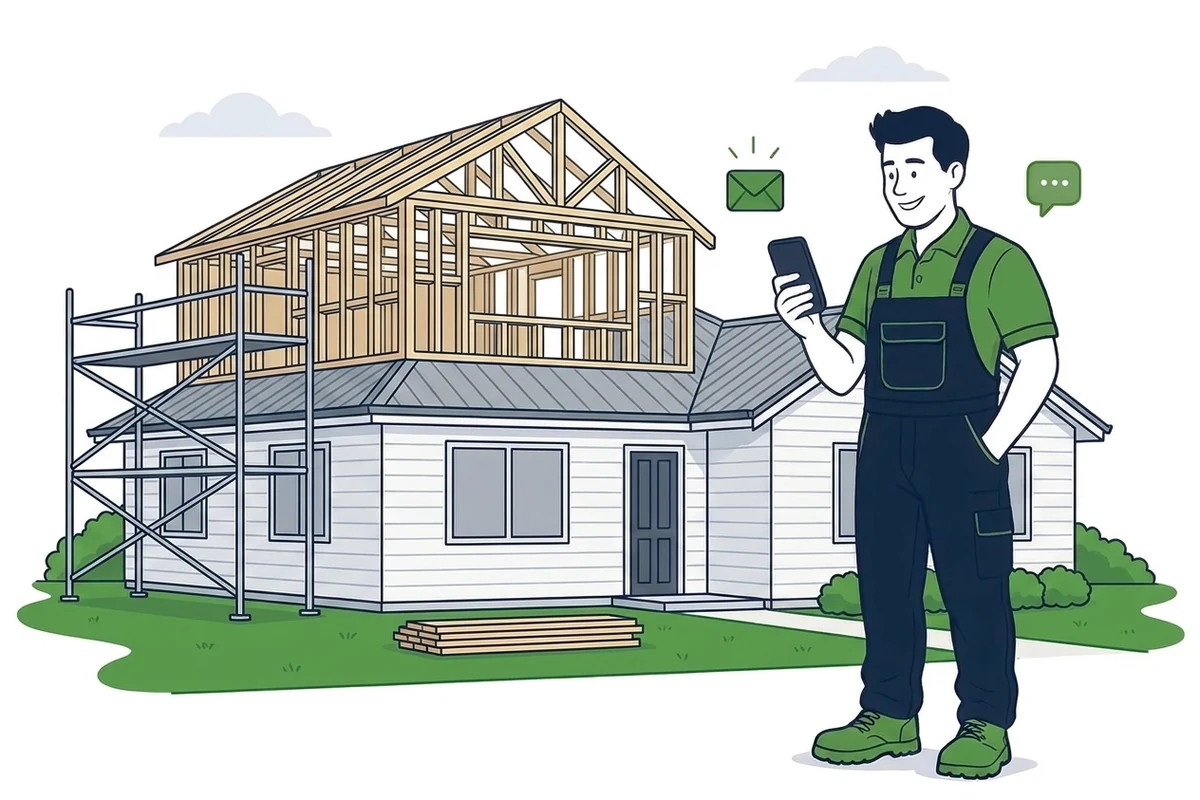 Illustration of a builder holding a phone with new enquiry and message notifications beside him, standing in front of a white weatherboard home with a second storey extension being framed up and scaffolding against the side