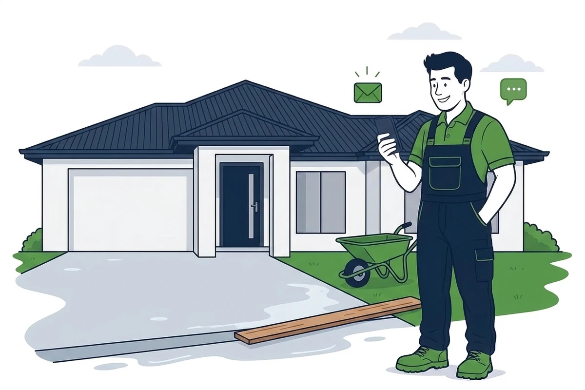Illustration of a concreter holding a phone with new enquiry and message notifications beside him, standing in front of a freshly poured concrete driveway with a screed board resting across it