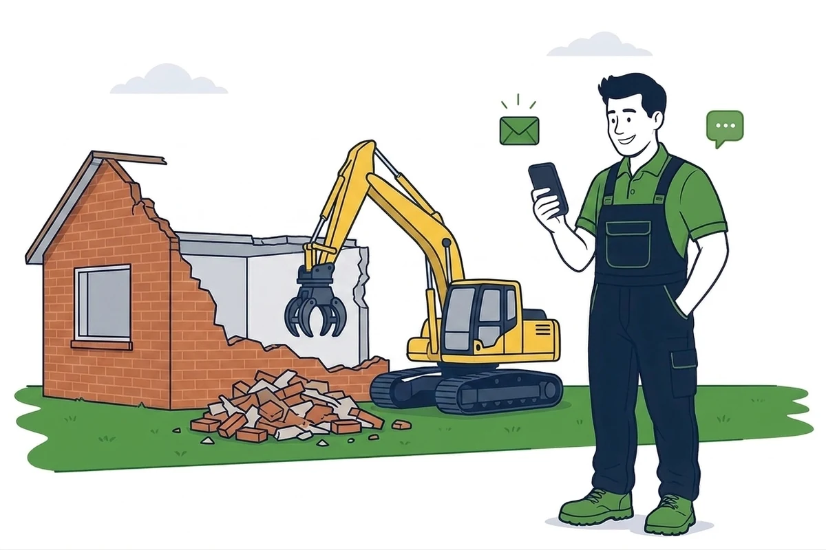 Illustration of a demolition contractor holding a phone with new enquiry and message notifications beside him, standing in front of a part demolished brick house with an excavator and a rubble pile