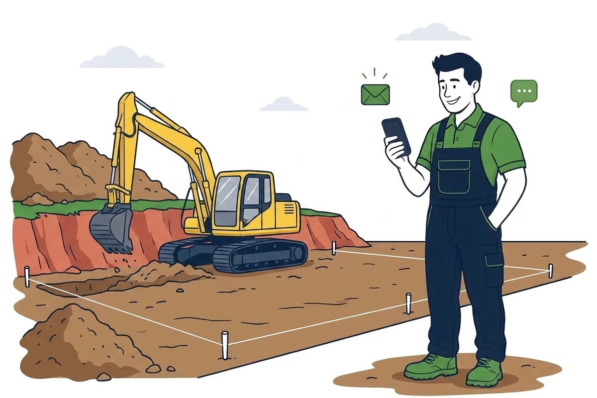 Illustration of an earthmoving contractor holding a phone with new enquiry and message notifications beside him, standing in front of an excavator cutting a level building pad on a cleared block