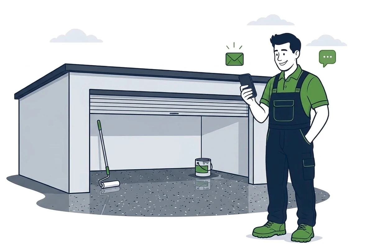 Illustration of an epoxy flooring installer holding a phone with new enquiry and message notifications beside him, standing in front of an open garage with a glossy grey flake epoxy floor