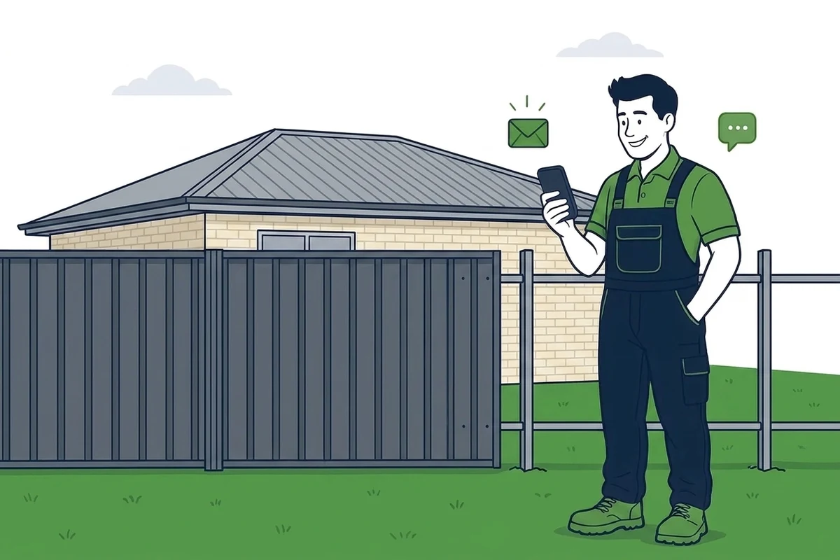 Illustration of a fencing contractor holding a phone with new enquiry and message notifications beside him, standing in front of a part-installed Colorbond fence along a suburban boundary