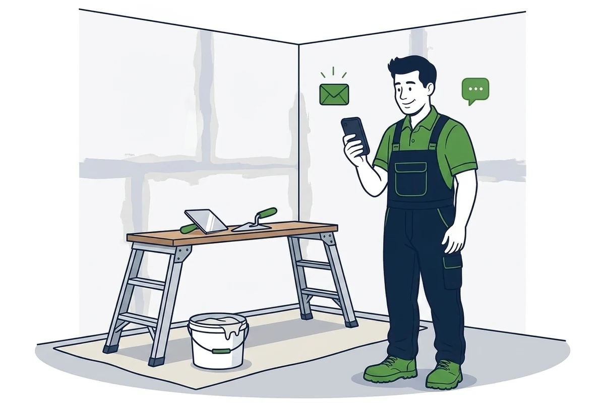 Illustration of a plasterer holding a phone with new enquiry and message notifications beside him, standing in a room with fresh gyprock walls, a trestle and a hawk and trowel