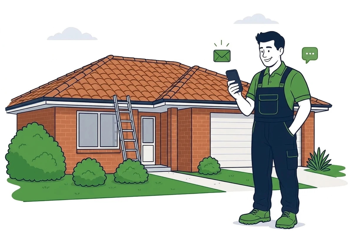 Illustration of a roofer holding a phone with new enquiry and message notifications beside him, standing in front of a brick home with a terracotta tile roof and a ladder against the gutter