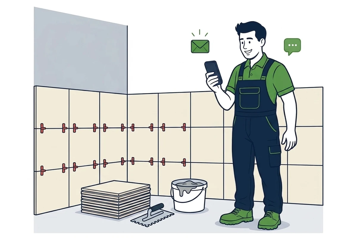 Illustration of a tiler holding a phone with new enquiry and message notifications beside him, standing in a bathroom part way through being tiled with large format wall tiles and a stack of tiles on the floor