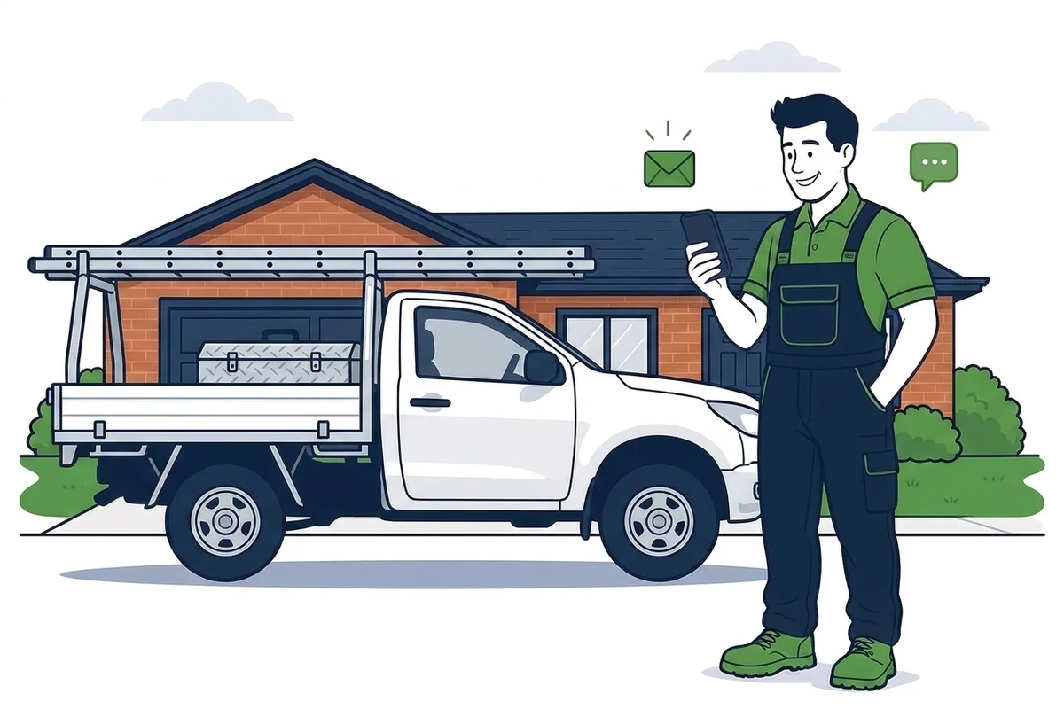 Illustration of a tradesman holding a phone with new enquiry and message notifications beside him, standing in front of a work ute loaded with tools and a ladder